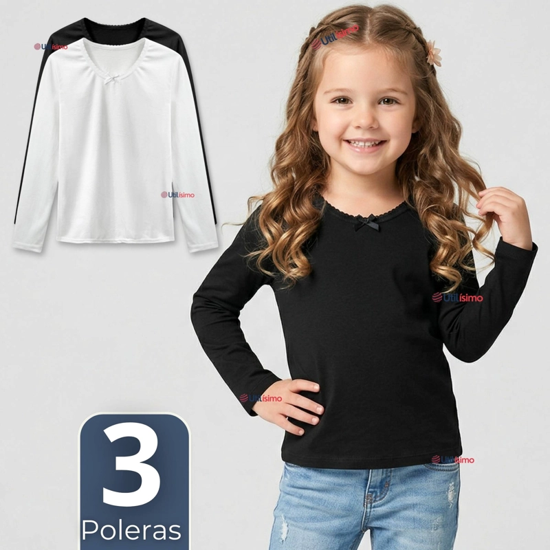 PACK 3 CAMISETAS POLERAS ALGODON CUELLO REDONDO PRIMERA CAPA COLOR BLANCO Y NEGRO NIÑA - 1