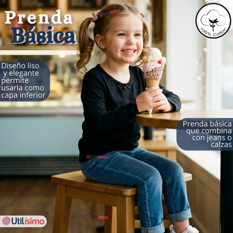 PACK 3 CAMISETAS POLERAS ALGODON CUELLO REDONDO PRIMERA CAPA COLOR BLANCO Y NEGRO NIÑA - 10