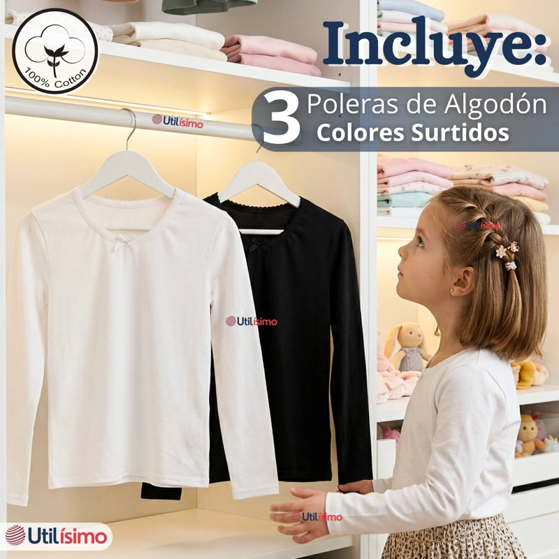 PACK 3 CAMISETAS POLERAS ALGODON CUELLO REDONDO PRIMERA CAPA COLOR BLANCO Y NEGRO NIÑA - 2