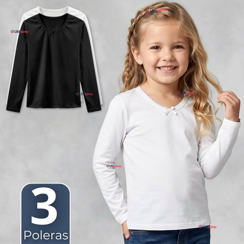 PACK 3 CAMISETAS POLERAS ALGODON CUELLO REDONDO PRIMERA CAPA COLOR BLANCO Y NEGRO NIÑA - 1