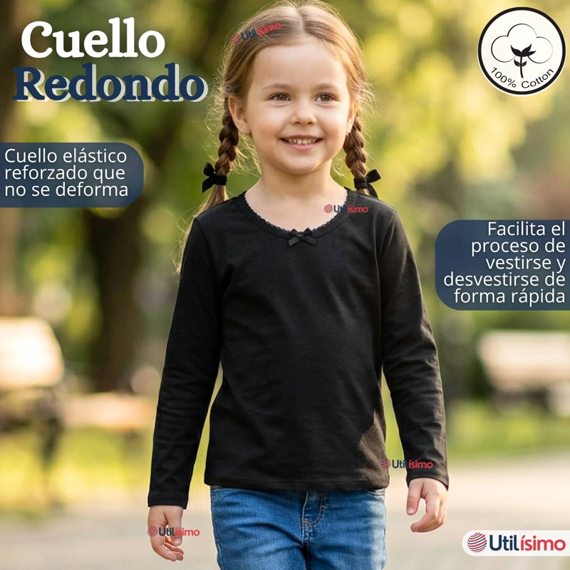 PACK 3 CAMISETAS POLERAS ALGODON CUELLO REDONDO PRIMERA CAPA COLOR BLANCO Y NEGRO NIÑA - 8
