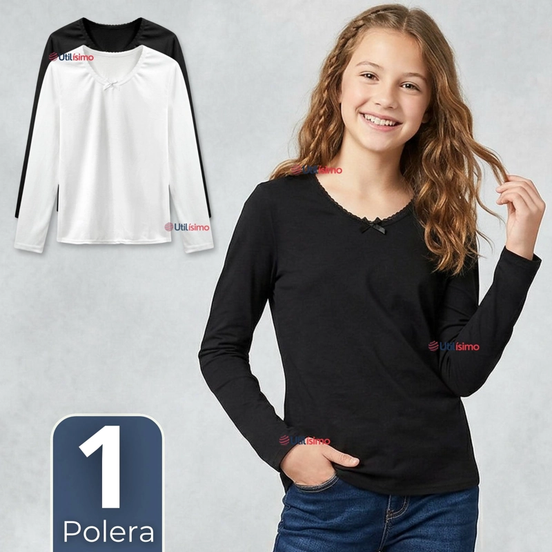 CAMISETA POLERA ALGODON CUELLO REDONDO PRIMERA CAPA MANGA LARGA COLORES BLANCO Y NEGRO  NIÑA JUVENIL - 1