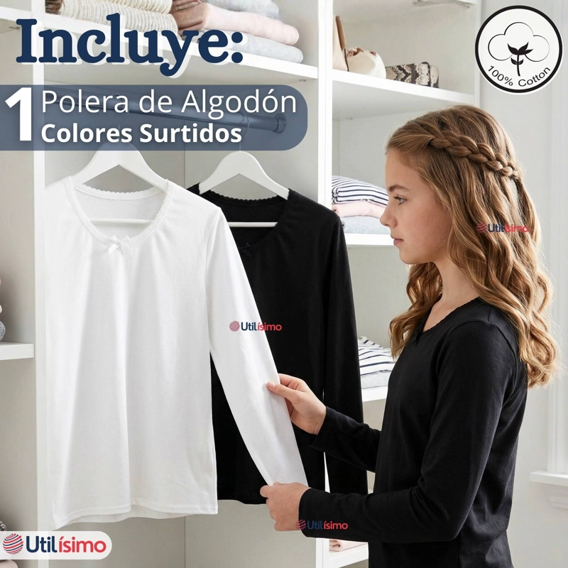 CAMISETA POLERA ALGODON CUELLO REDONDO PRIMERA CAPA MANGA LARGA COLORES BLANCO Y NEGRO  NIÑA JUVENIL - 2