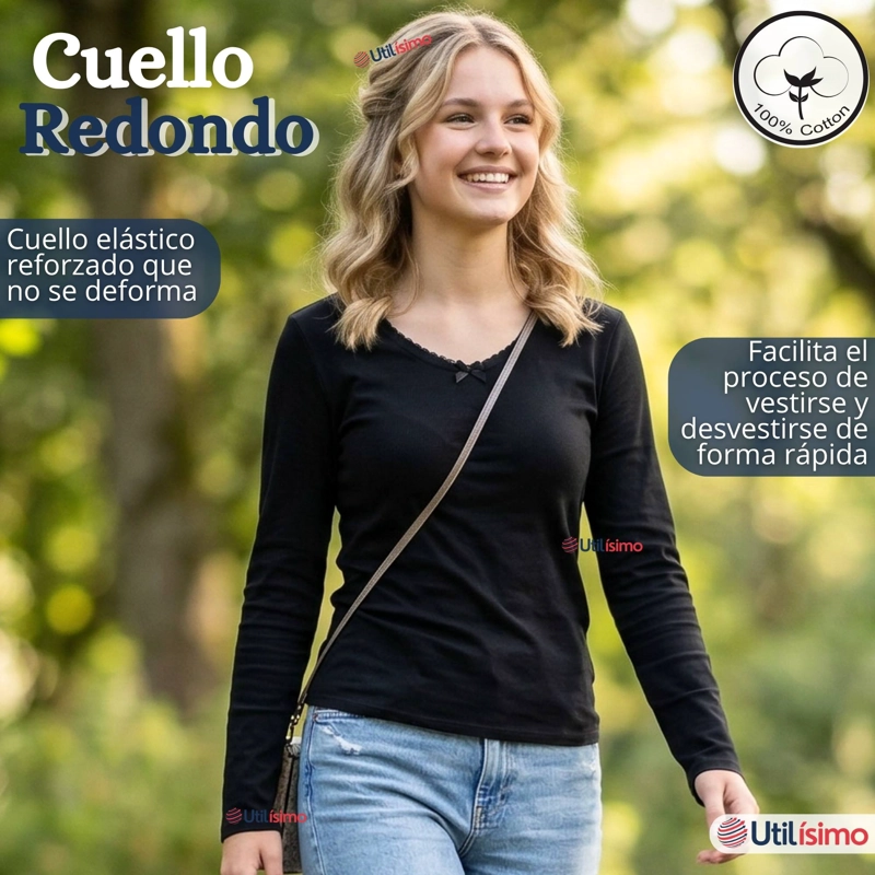 CAMISETA POLERA ALGODON CUELLO REDONDO PRIMERA CAPA MANGA LARGA COLORES BLANCO Y NEGRO  NIÑA JUVENIL - 8
