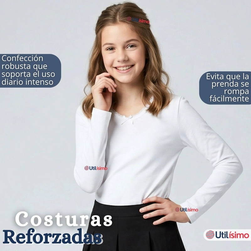 CAMISETA POLERA ALGODON CUELLO REDONDO PRIMERA CAPA MANGA LARGA COLORES BLANCO Y NEGRO  NIÑA JUVENIL - 9