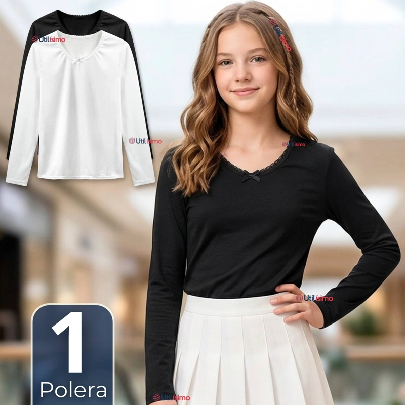 CAMISETA POLERA ALGODON CUELLO REDONDO PRIMERA CAPA MANGA LARGA COLORES BLANCO Y NEGRO  NIÑA JUVENIL - 1