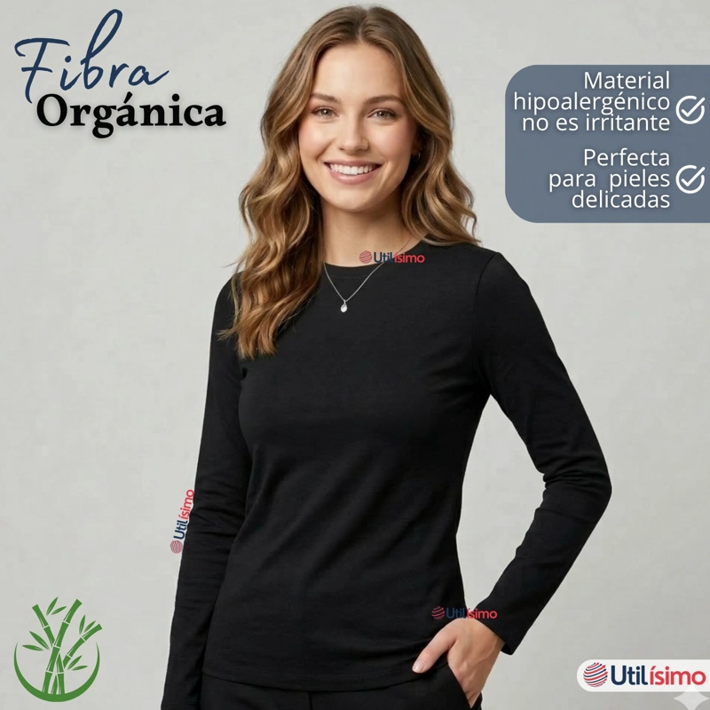 CAMISETA POLERA BAMBU PRIMERA CAPA NEGRO MANGA LARGA MUJER - 2