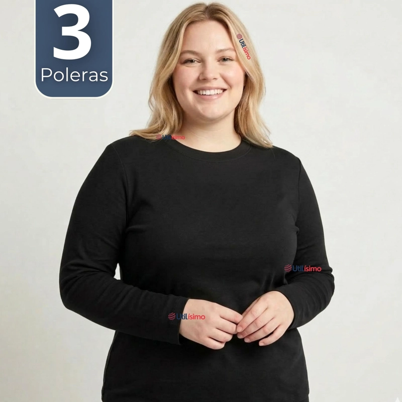 PACK 3 CAMISETAS POLERAS BAMBU PRIMERA CAPA NEGRO MANGA LARGA MUJER - 1