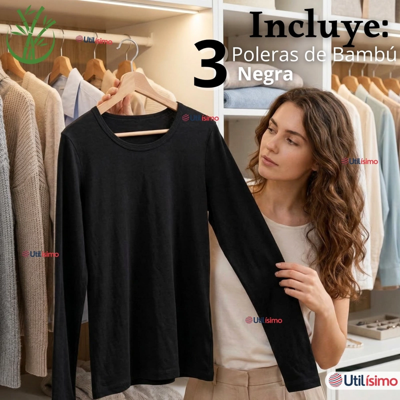 PACK 3 CAMISETAS POLERAS BAMBU PRIMERA CAPA NEGRO MANGA LARGA MUJER - 4