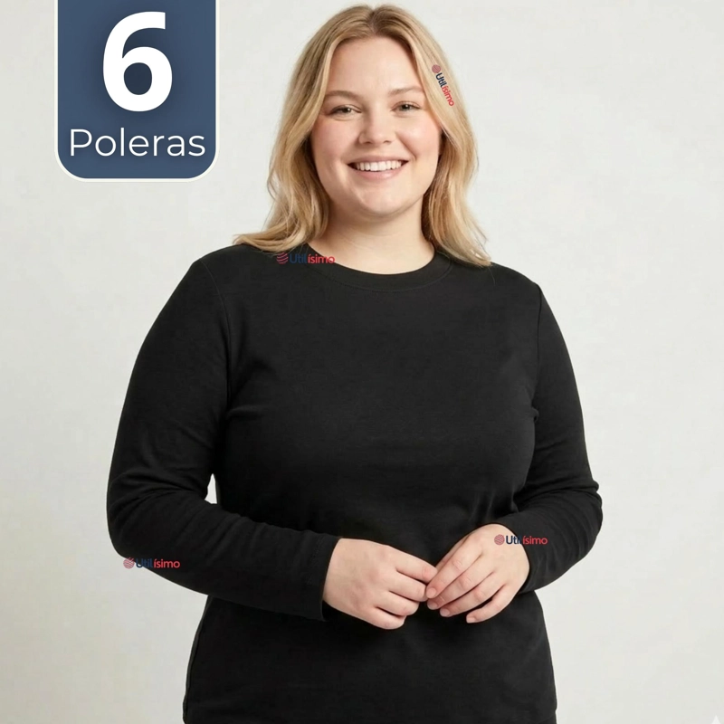 PACK 6 CAMISETAS POLERAS BAMBU PRIMERA CAPA NEGRO MANGA LARGA MUJER - 1