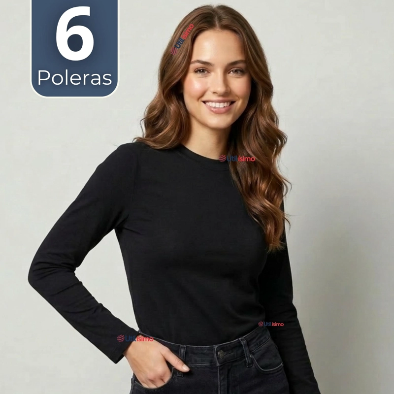 PACK 6 CAMISETAS POLERAS BAMBU PRIMERA CAPA NEGRO MANGA LARGA MUJER - 1