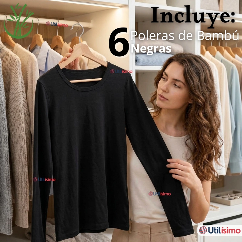 PACK 6 CAMISETAS POLERAS BAMBU PRIMERA CAPA NEGRO MANGA LARGA MUJER - 4