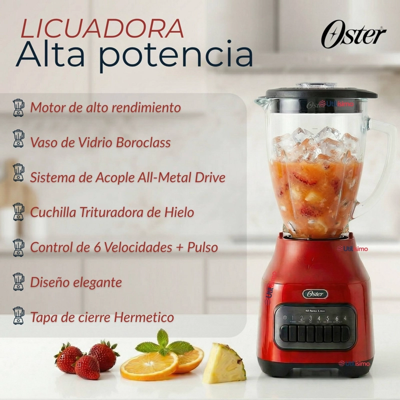 LICUADORA OSTER® CON VASO DE VIDRIO Y 6 VELOCIDADES MAS PULSO 800 WATTS 1,5LITROS - 6