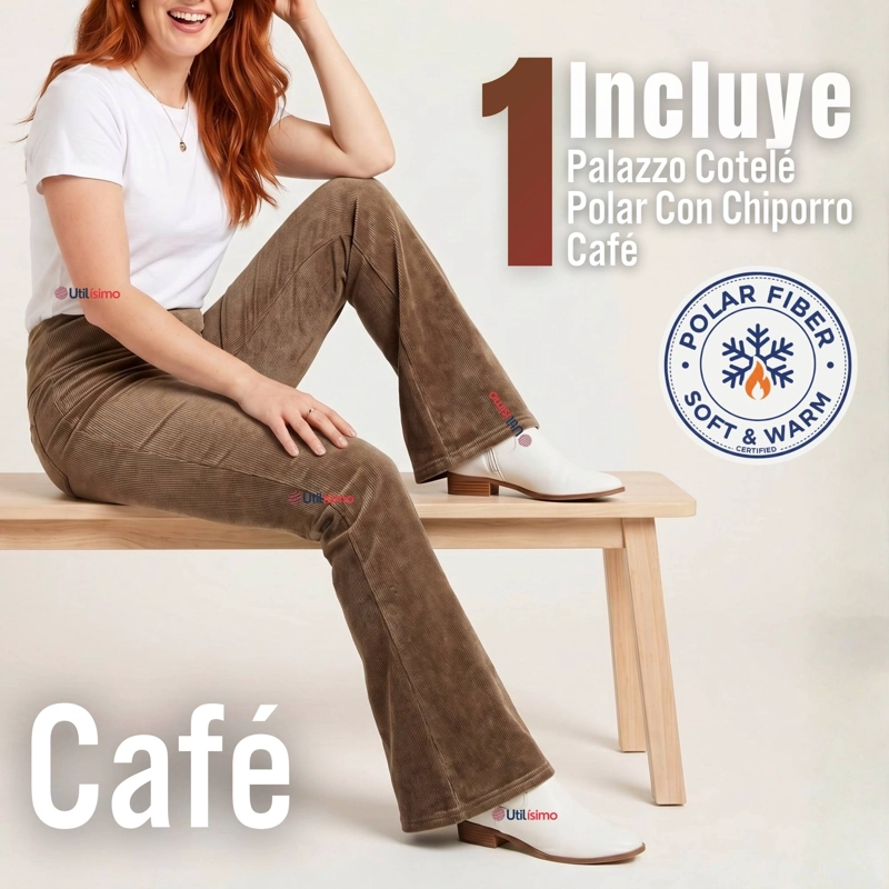 PANTALON COTELE  PALAZZO POLAR CON CHIPORRO ELASTICADO TERMICO CAFE - 2