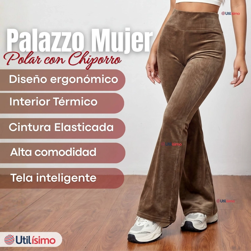PANTALON COTELE  PALAZZO POLAR CON CHIPORRO ELASTICADO TERMICO CAFE - 3