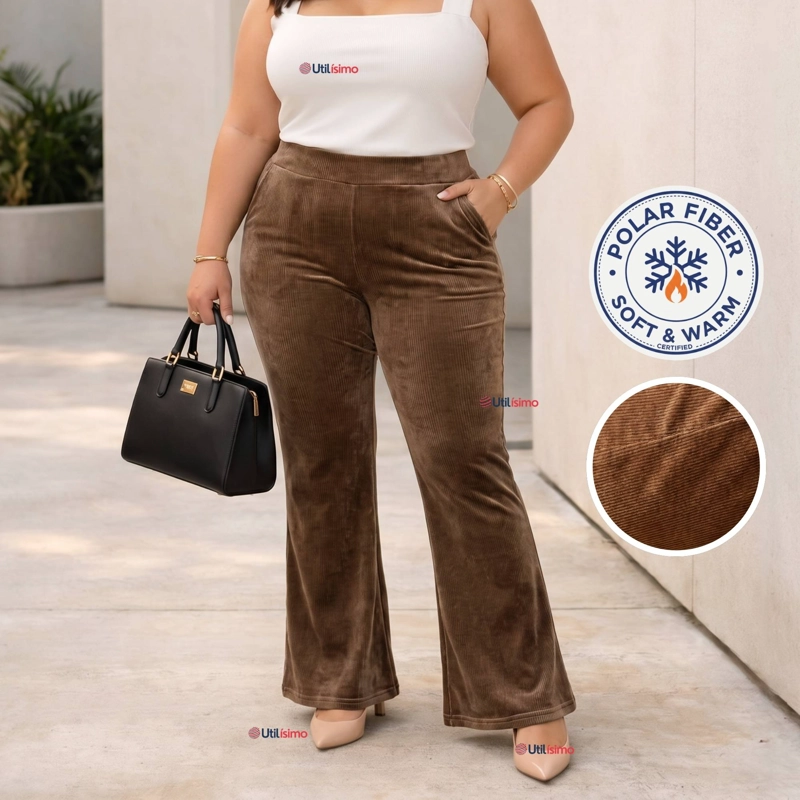 PANTALON COTELE  PALAZZO POLAR CON CHIPORRO ELASTICADO TERMICO CAFE - 1