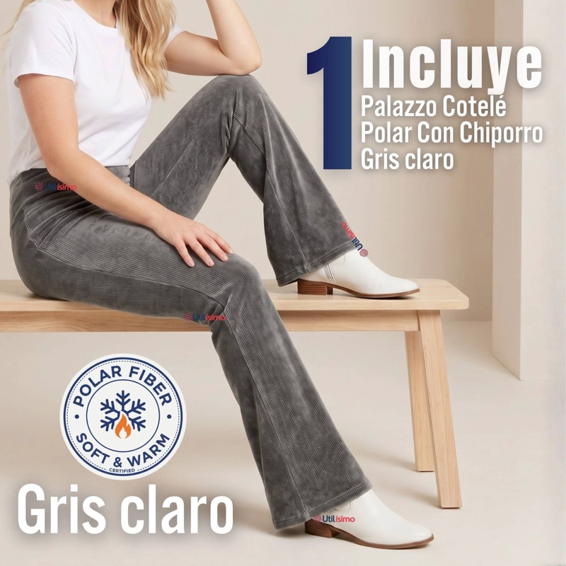 PANTALON COTELE  PALAZZO POLAR CON CHIPORRO ELASTICADO TERMICO GRIS MELANGE - 2