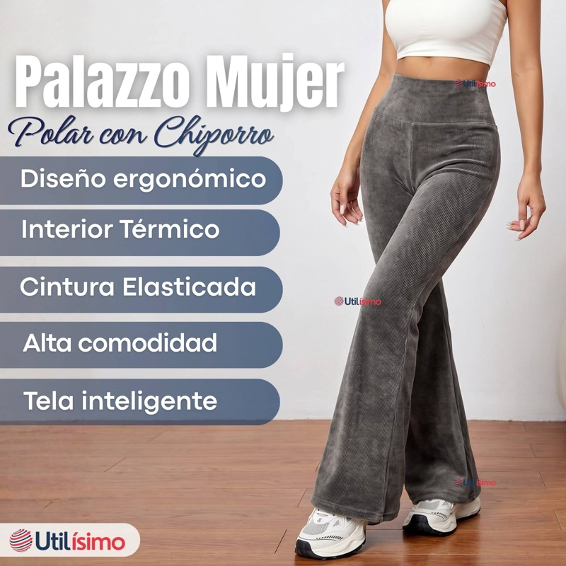 PANTALON COTELE  PALAZZO POLAR CON CHIPORRO ELASTICADO TERMICO GRIS MELANGE - 3