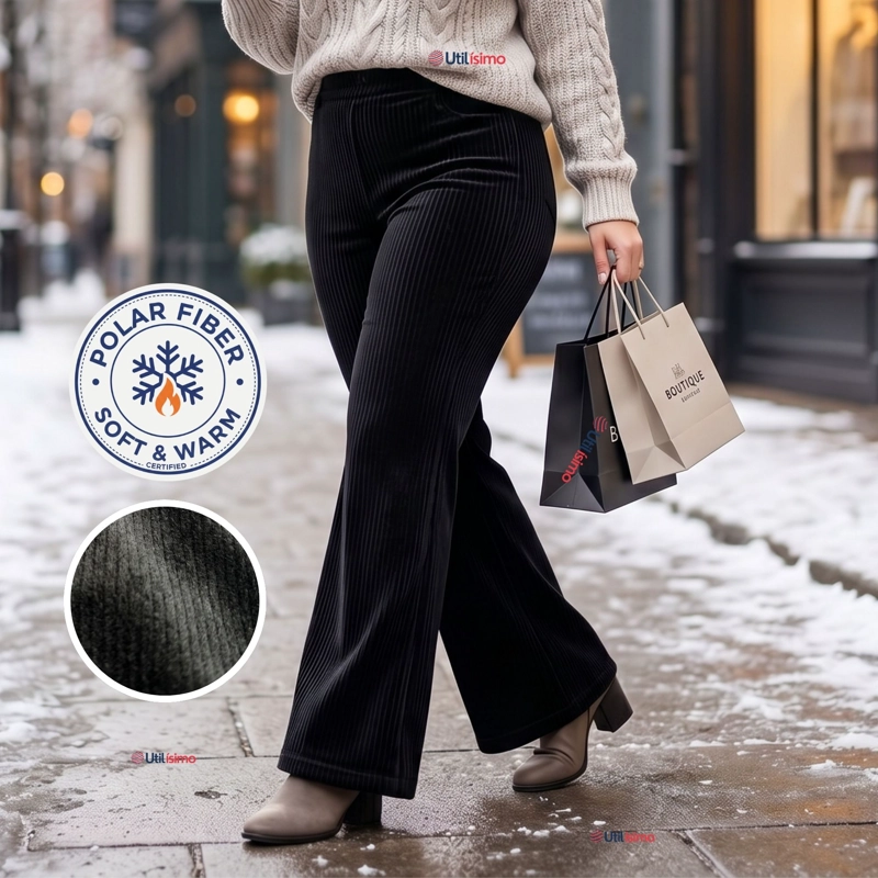 PANTALON COTELE  PALAZZO POLAR CON CHIPORRO ELASTICADO TERMICO NEGRO - 1