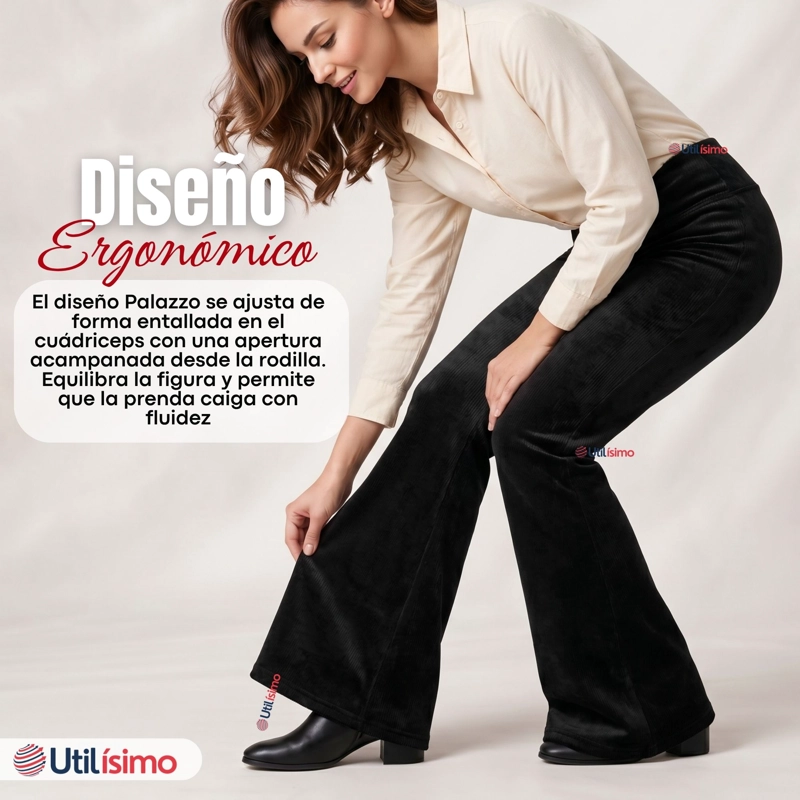 PANTALON COTELE  PALAZZO POLAR CON CHIPORRO ELASTICADO TERMICO NEGRO - 8