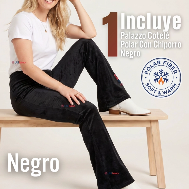 PANTALON COTELE  PALAZZO POLAR CON CHIPORRO ELASTICADO TERMICO NEGRO - 2