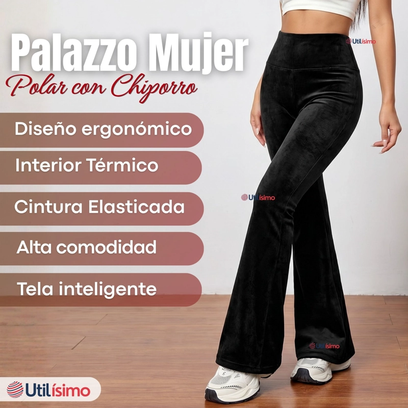 PANTALON COTELE  PALAZZO POLAR CON CHIPORRO ELASTICADO TERMICO NEGRO - 3