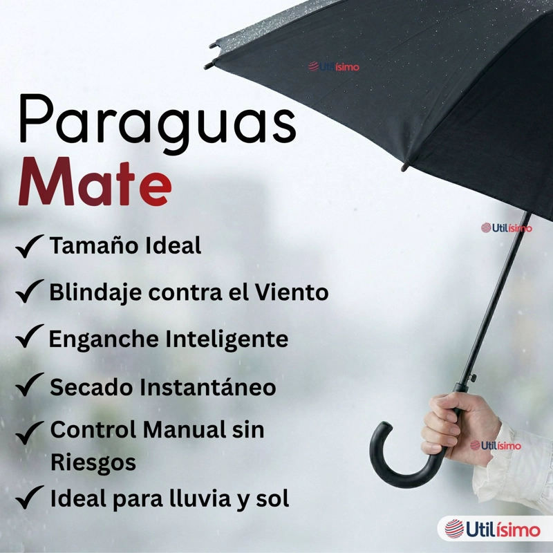 PARAGUAS MATE GRANDE 92,5 CM SOMBRILLA AUTOMATICA MANGO LARGO NEGRO - 3