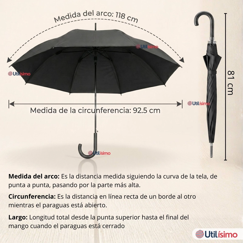 PARAGUAS MATE GRANDE 92,5 CM SOMBRILLA AUTOMATICA MANGO LARGO NEGRO - 4