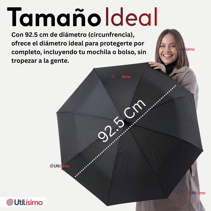 PARAGUAS MATE GRANDE 92,5 CM SOMBRILLA AUTOMATICA MANGO LARGO NEGRO - 5