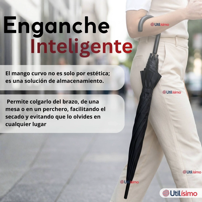 PARAGUAS MATE GRANDE 92,5 CM SOMBRILLA AUTOMATICA MANGO LARGO NEGRO - 7