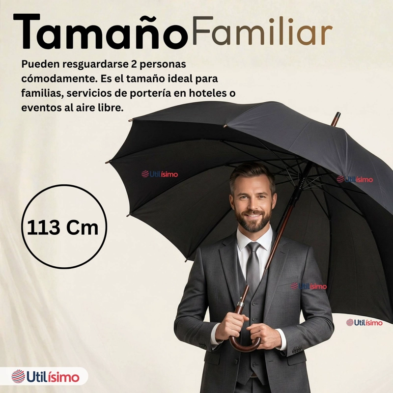 PARAGUAS IMPERMEABLE GRANDE 113CM SOMBRILLA AUTOMATICA MANGO LARGO NEGRO - 5