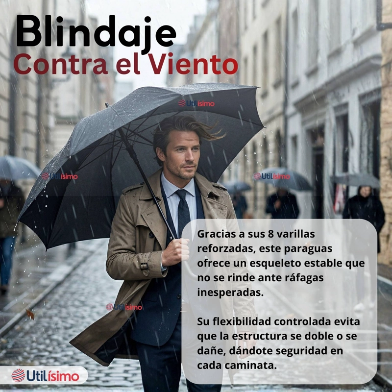 PARAGUAS IMPERMEABLE GRANDE 113CM SOMBRILLA AUTOMATICA MANGO LARGO NEGRO - 7