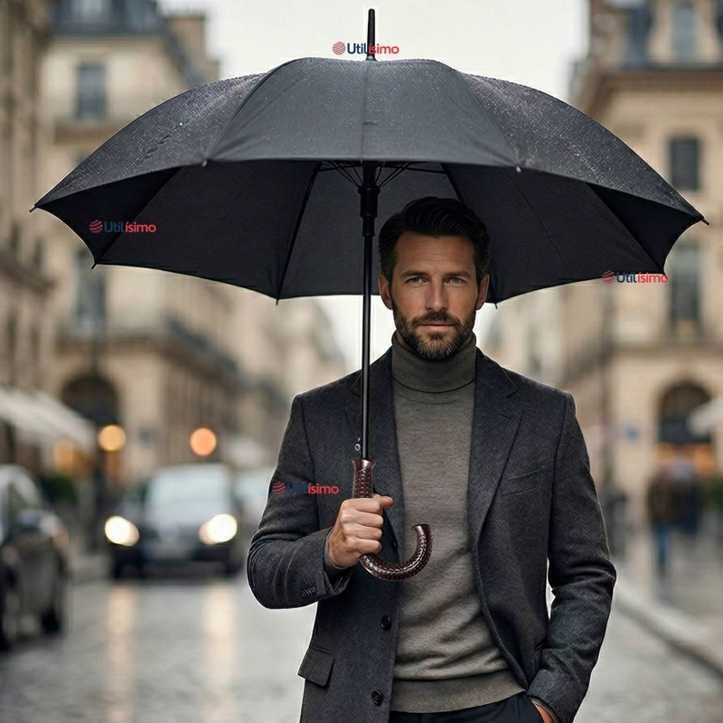 PARAGUAS IMPERMEABLE GRANDE 113CM SOMBRILLA AUTOMATICA MANGO LARGO NEGRO - 1