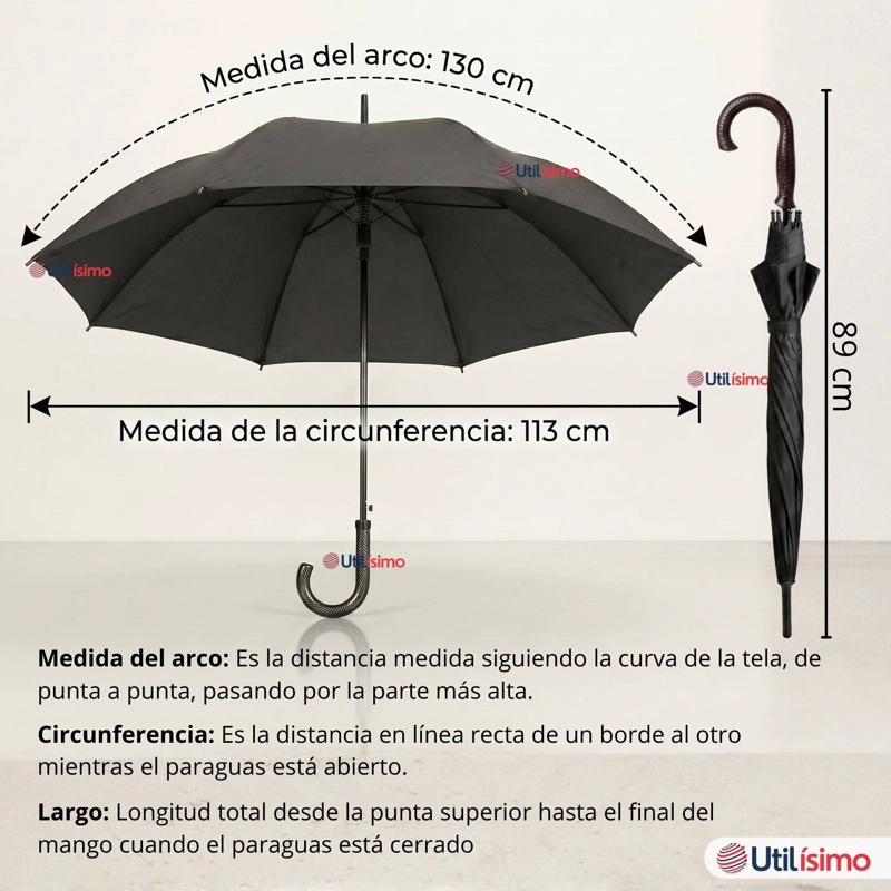 PARAGUAS IMPERMEABLE GRANDE 113CM SOMBRILLA AUTOMATICA MANGO LARGO NEGRO - 4
