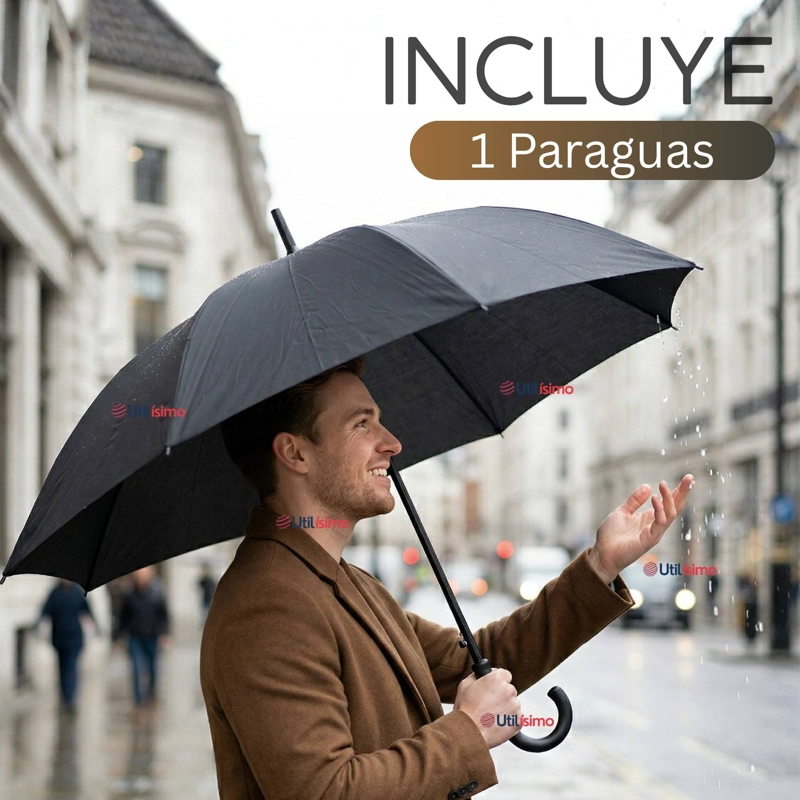 PARAGUAS IMPERMEABLE GRANDE 113CM SOMBRILLA AUTOMATICA MANGO LARGO NEGRO - 2