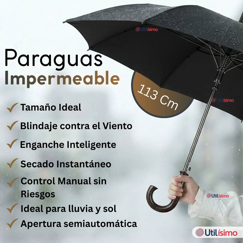 PARAGUAS IMPERMEABLE GRANDE 113CM SOMBRILLA AUTOMATICA MANGO LARGO NEGRO - 3