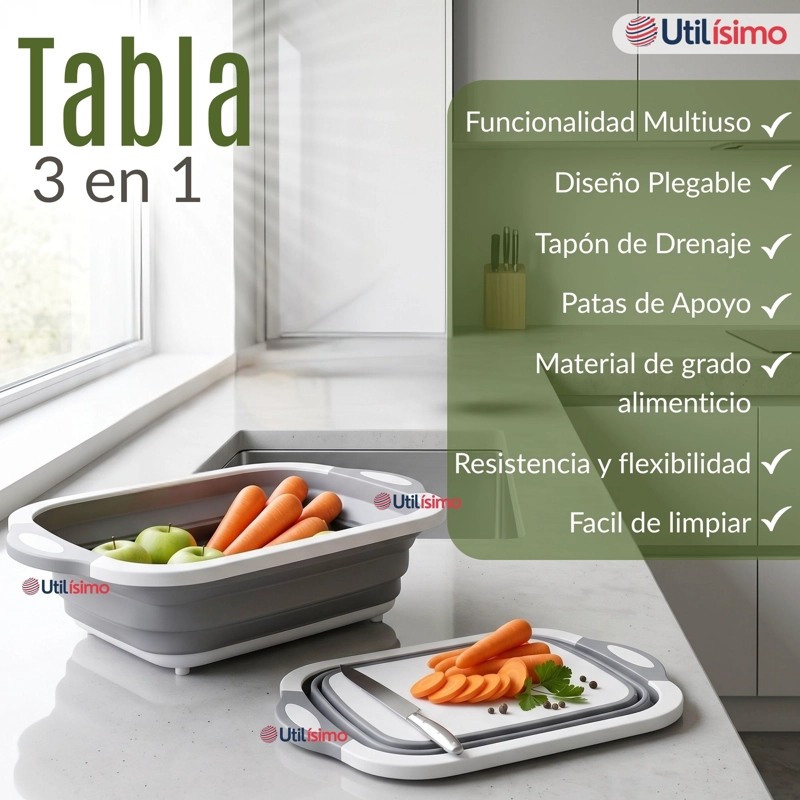 TABLA DE PICAR PLEGABLE 3 EN 1 DRENAJE MULTIUSO COCINA SILICONA - 3