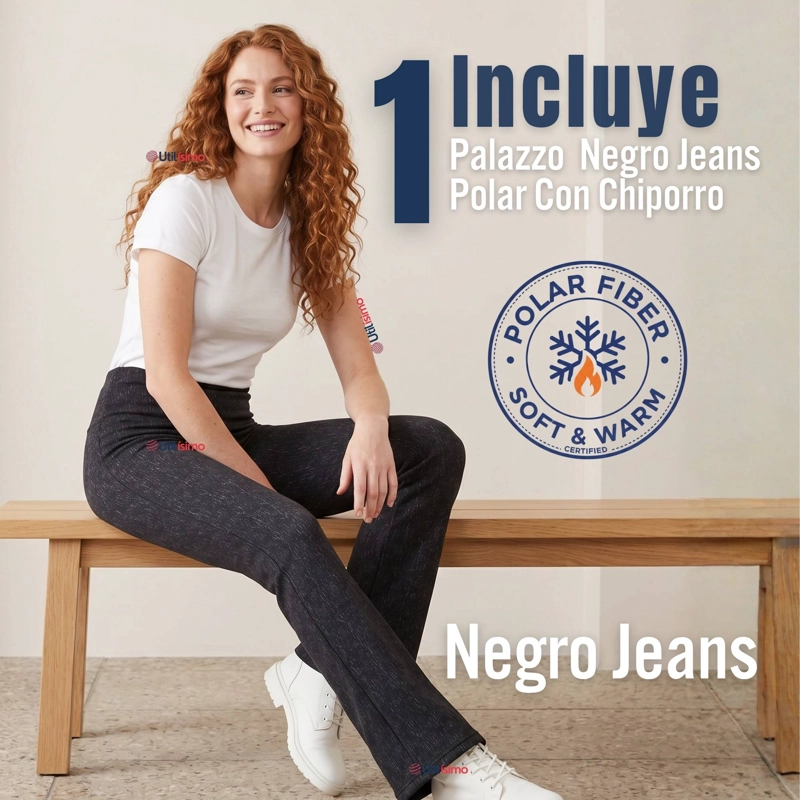 PANTALON POLAR CON CHIPORRO PALAZZO MUJER ELASTICADA TERMICA NEGRO JEANS - 2
