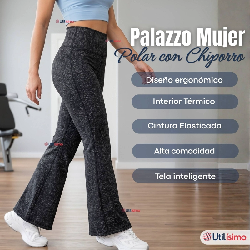 PANTALON POLAR CON CHIPORRO PALAZZO MUJER ELASTICADA TERMICA NEGRO JEANS - 3