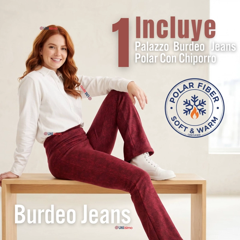PANTALON POLAR CON CHIPORRO PALAZZO MUJER ELASTICADA TERMICA BURDEO JEANS - 2