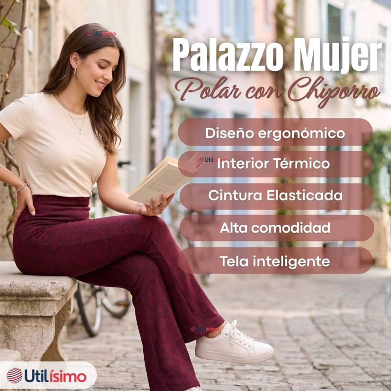 PANTALON POLAR CON CHIPORRO PALAZZO MUJER ELASTICADA TERMICA BURDEO JEANS - 3