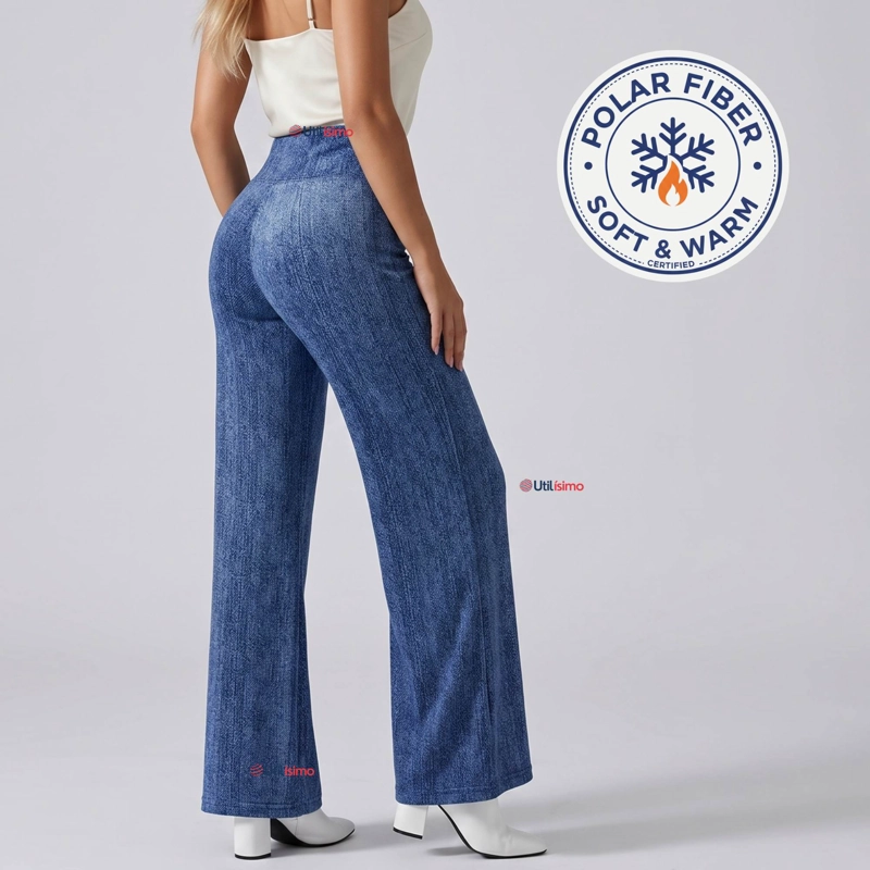 PANTALON POLAR CON CHIPORRO PALAZZO MUJER ELASTICADA TERMICA AZUL JEANS - 1