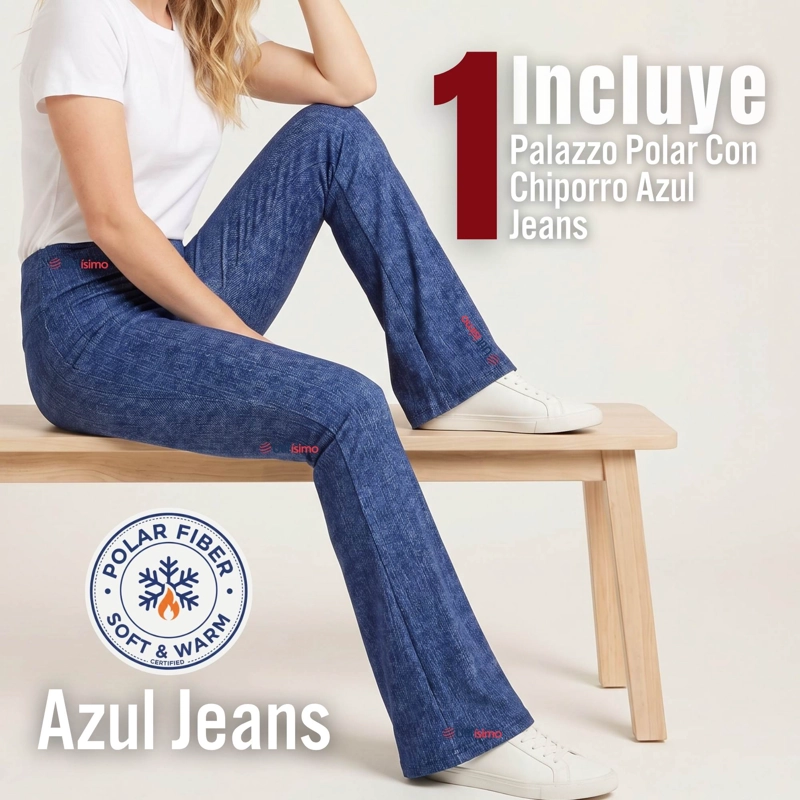 PANTALON POLAR CON CHIPORRO PALAZZO MUJER ELASTICADA TERMICA AZUL JEANS - 2