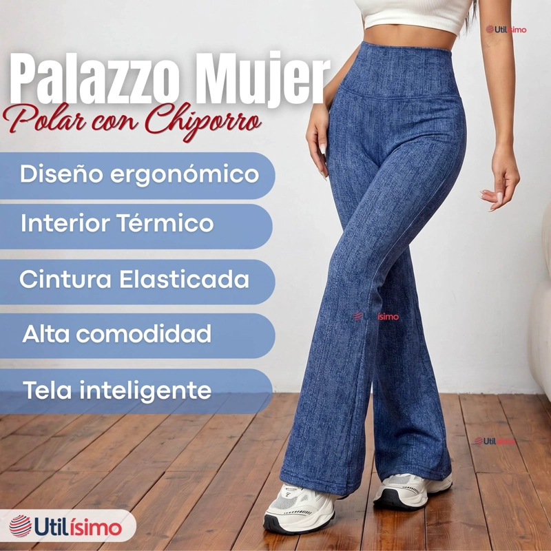 PANTALON POLAR CON CHIPORRO PALAZZO MUJER ELASTICADA TERMICA AZUL JEANS - 3