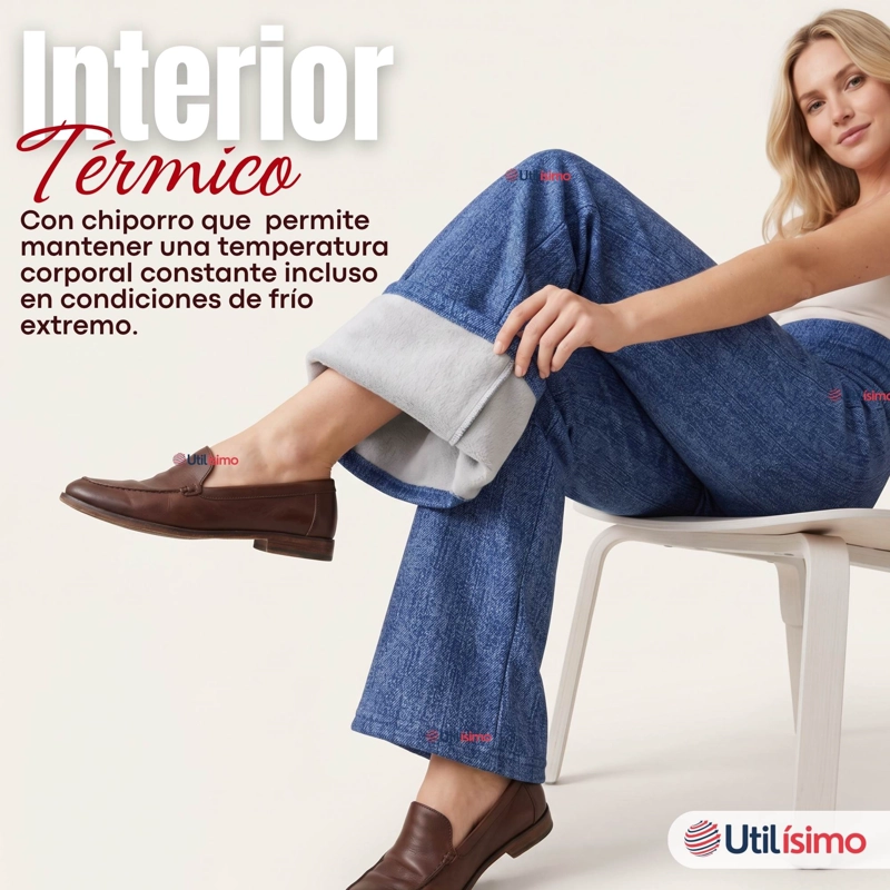 PANTALON POLAR CON CHIPORRO PALAZZO MUJER ELASTICADA TERMICA AZUL JEANS - 5