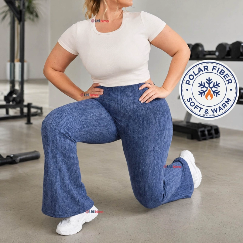 PANTALON POLAR CON CHIPORRO PALAZZO MUJER ELASTICADA TERMICA AZUL JEANS - 1