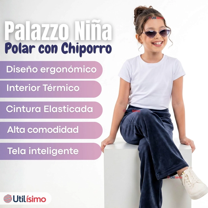 PANTALON PALAZZO NIÑA POLAR CON CHIPORRO ELASTICADA TERMICA NAVY BLUE - 3