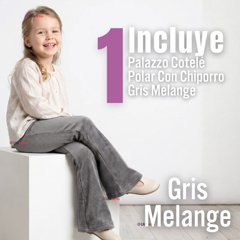 PANTALON PALAZZO NIÑA POLAR CON CHIPORRO ELASTICADA TERMICA GRIS MELANGE - 2