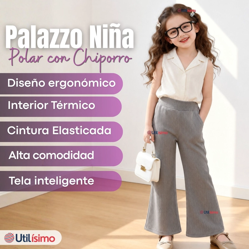 PANTALON PALAZZO NIÑA POLAR CON CHIPORRO ELASTICADA TERMICA GRIS MELANGE - 3