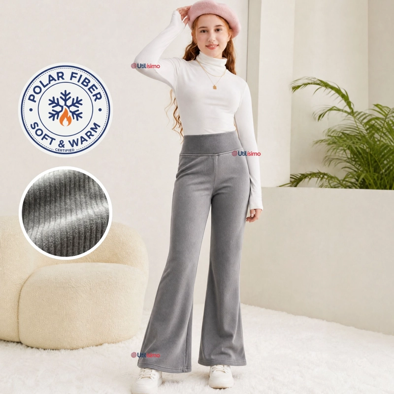 PANTALON PALAZZO NIÑA POLAR CON CHIPORRO ELASTICADA TERMICA GRIS MELANGE - 1